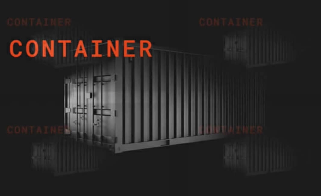 A black shipping container with the word CONTAINER projected around it